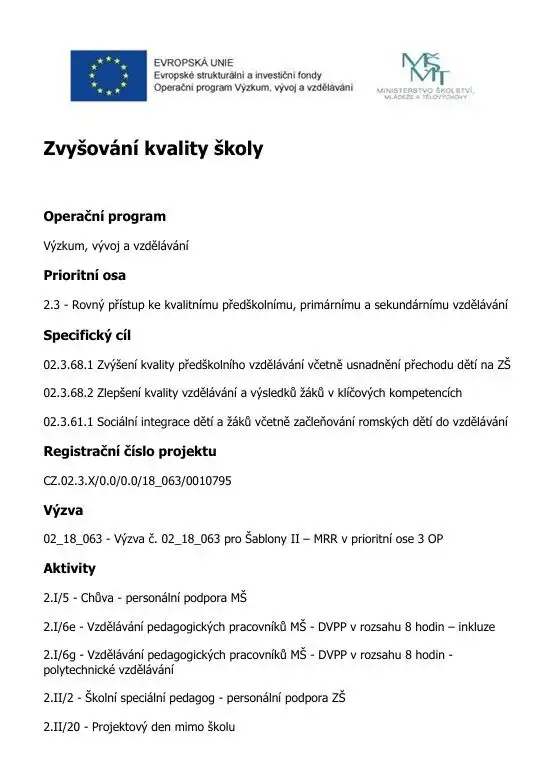 Projekt Zvyšování kvality školy